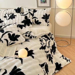 Set di piumino da 4 pezzi Set di quattro pezzi in tessuto tessile per la casa Set di biancheria da letto in velluto di latte bianco stampato <span class=keywords><strong>nero</strong></span> - Product Image 6
