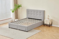 Lit avec tiroirs de rangement et tête de lit grise, cadre de lit rembourré en lin, gain de place, tailles King, Queen, Full, Twin, mobilier de chambre à coucher, vente en gros