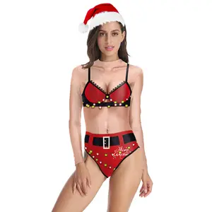 Selamat Natal Pakaian Renang Wanita Motif Bikini Imitasi Baju Renang Satu Potong Segitiga Lengan Panjang