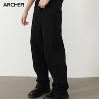 Pantalon Décontracté Homme Tendance Coupe Droite en Coton 100% Taille Semi-Élastique Style Jean à Lame Courbe Devant Plat