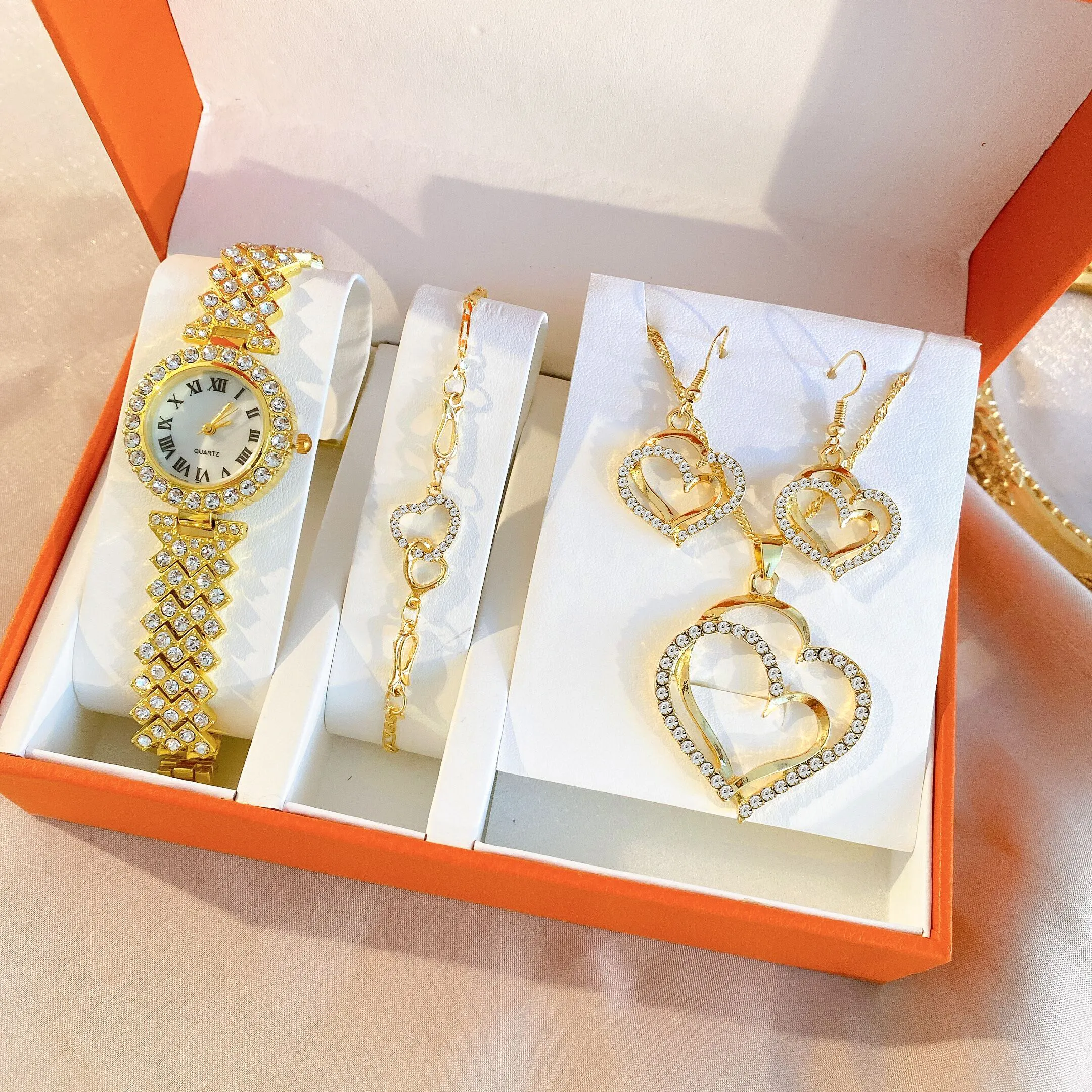 VIntage Fashion Gold Heart Diamond 5 Piece Watch Set Zircon 2022 New Necklace Earring Bracelet Set Jewelry Set Women Gift