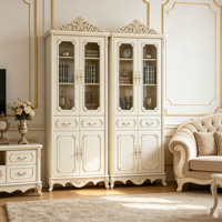 Bibliothèque de luxe européenne, vitrine en bois massif sculpté à la main, armoire de rangement avec portes en verre crème, mobilier de bureau à domicile, vente en gros