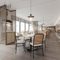 Ensemble de mobilier de café-restaurant : table carrée en marbre blanc, pieds noirs, chaises avec dossier tressé et coussin beige pour salle à manger de café