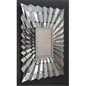 热销现代矩形手工Sunburst 3D墙艺术装饰银壁镜