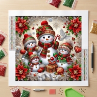 Peinture Diamant 5D Complète : Famille de Bonhommes de Neige de Noël et Poinsettia – Cadeau de Noël, Décoration Maison, Kit d'Art DIY