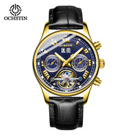 Ochstin Nouvelle montre mécanique automatique à tourbillon, haut de gamme, résistante à l'eau, aiguilles lumineuses, bracelet en cuir véritable, pour homme