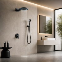 Ensemble de douche mural encastré de luxe en laiton noir mat avec LED, fonction pluie, barre coulissante pour douchette à main et idéal pour projets hôteliers