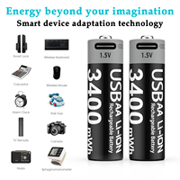 Baterai Lithium AA 1.5V 3400mWh isi ulang USB dengan Port pengisian daya bawaan untuk Senter, mainan, remote, perangkat LED
