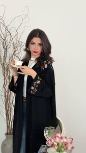 <span class=keywords><strong>Abaya</strong></span> en <span class=keywords><strong>lin</strong></span> noir brodée de fleurs, ouverte sur le devant, douce, pour femmes musulmanes, tenue modeste quotidienne - Product Image 2