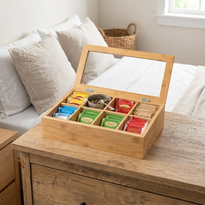 Boîte de rangement pour sachets de thé en bambou personnalisée avec couvercle, organiseur de dosettes de café à 8 compartiments, tiroir pour cuisine, bureau, vente en gros, écologique - Product Image 1