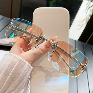 <b>Frameless</b> Chamfered Sunglasses Black PC Lens UV400 Type 3 Sunshades Unisex Y2K Style Star Pattern Small Square <b>Frame</b> - Product Image 4