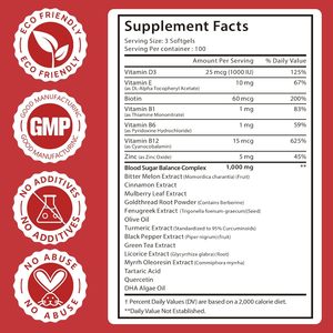 תוסף תזונה OEM Blood Sugar Complex Softgels עם קינמון, מלון מר, עלי תות, חילבה, ברברין וויטמינים לאנרגיה - Product Image 2