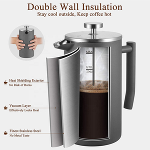 Cafetera Francesa de Acero Inoxidable 304 de Doble Pared, Diseño Clásico, Portátil, con Recubrimiento Gris, Cuerpo Metálico, Pintura Personalizada, Venta al Por Mayor - Product Image 2