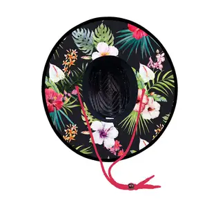 2024 Blumen strohhut Natur gras in schwarzer Farbe Sommer Rettungs schwimmer Hut für Frau