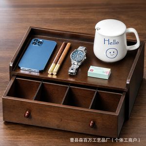 Solid Wood Desktop <b>Storage</b> <b>Box</b> With <b>Drawers</b> Brown Rectangle Office Organizer For Desk Accessories Shandong Made - Product Image 3