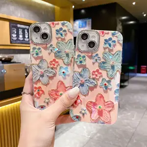 For IPhone15ProMax Phone Case Blue Oil Painting Flower Spot Drill 14 Glitter Protective Cover