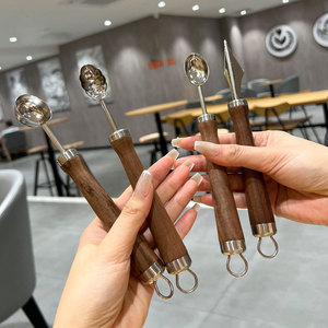 316 Stainless Steel Fruit Scoop <b>Set</b> 4 Pieces Walnut Wood Handle Multi Purpose Kitchen <b>Tool</b> For Watermelon And Vegetables - Product Image 1