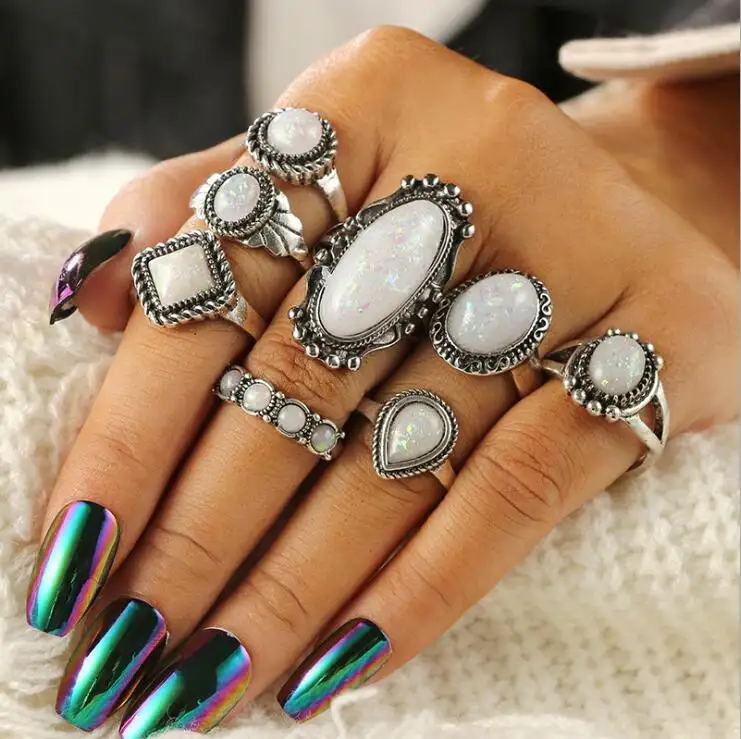 Anéis de metal de liga geométrica boêmia, 8 pçs/set, conjunto de anéis de metal para mulheres, colorido, strass, anéis de dedo, joias