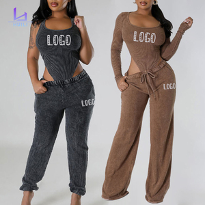 Huili OEM Biểu Tượng Tùy Chỉnh Cổ Điển Rửa Axit Top & Quần Trang Phục Nặng Y2K Cơ Bản Cotton Gân 2 Mảnh Thiết Lập Của Phụ Nữ Bodysuits - Product Image 1