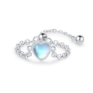 925 Silver Luminous Heart Moonstone <b>Adjustable</b> Chain <b>Ring</b> Silver Plated Open Stackable <b>Ring</b> for Women Daily Party Jewelry - Product Image 1