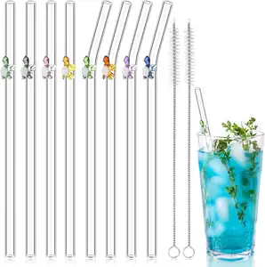 Pailles à boire réutilisables en verre borosilicate fleur papillon résistance aux hautes températures paille de cocktail pliée de couleur claire