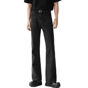 Jeans slim fit bootcut en denim noir délavé pour hommes, avec logo personnalisé, haute qualité, coupe droite micro-évasée, extensibles, style skinny - Product Image 2