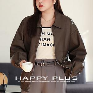 Chaqueta de Cuero Sintético PU de Corte Holgado Estilo Retro Happy Plus para Mujer, Cortavientos, Informal, Talla Grande - Product Image 1