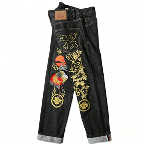 Jeans de Mezclilla Cruda de Corte Regular para Hombre, con Bordado Decorativo en la Parte Trasera y Diseño Clásico con Motivos Japoneses - Product Image 2