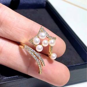 Bague ouverte en perle d'eau douce double, faite à la main, couleur or K, étoile à cinq branches, design simple et tendance - Product Image 4