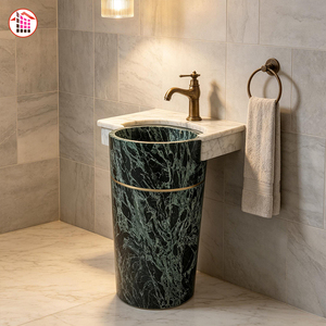 Lavabo sur pied en marbre vert naturel, lavabo autoportant en marbre vert avec incrustation dorée pour <span class=keywords><strong>salle</strong></span> <span class=keywords><strong>de</strong></span> <span class=keywords><strong>bain</strong></span> <span class=keywords><strong>de</strong></span> luxe - Product Image 3