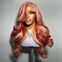 Wig Rambut Virgin Grosir Warna Pirang 613 dan Merah Highlight Model Body Wave dengan Lace Front HD Transparan untuk Wig Tanpa Lem