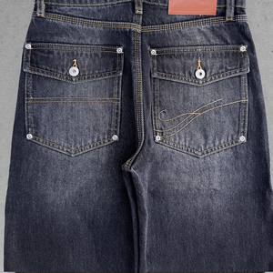 Jeans en denim noir personnalisés 15oz, coupe ample, triple couture, streetwear, marque privée OEM pour hommes - Product Image 3