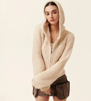 Cardigan court à capuche entièrement zippé en fausse fourrure marron Teddy, personnalisable, de haute qualité, pour femme, collection automne, avec poignets évasés et poches latérales