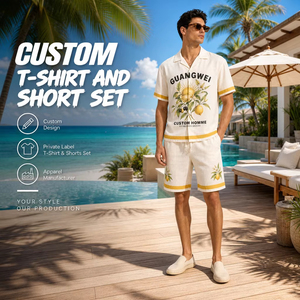 Ensemble chemise et short en lin mélangé à imprimé agrumes pour homme, personnalisable OEM, fabricant de vêtements décontractés pour vacances estivales en croisière sous marque privée - Product Image 3
