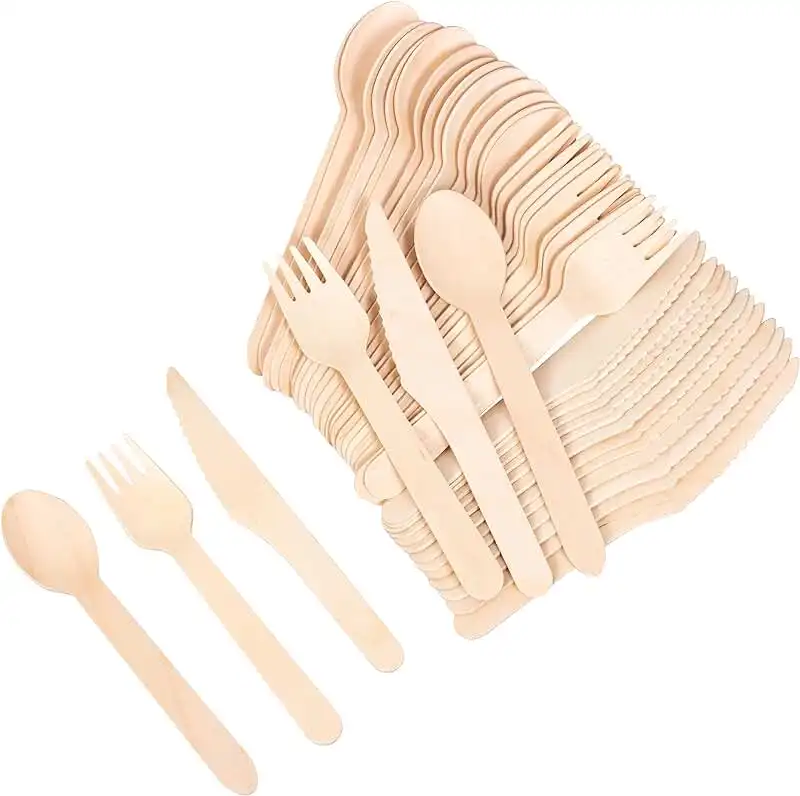Pisau garpu sendok kayu ramah lingkungan, peralatan makan kayu mudah terurai