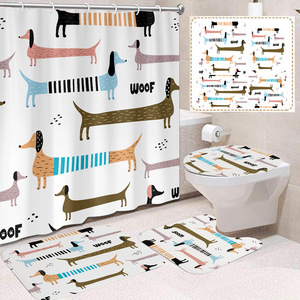 Rideau de douche et tapis de salle de bain en polyester bleu motif Teal Cartoon Dachshund Woof, impression numérique, vente en gros - Product Image 1