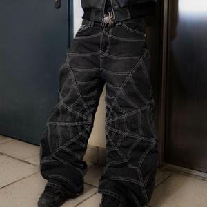 กางเกงยีนส์เดนิมทรงขากว้างพิมพ์ลายใยแมงมุม สไตล์วินเทจเรโทร ลุคสตรีทแวร์  ฟอกสีกลาง  แบบดิสเทรส  สำหรับผู้ชาย  ขนาดความสูงและน้ำหนักตามสั่ง - Product Image 2