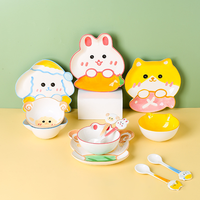 Ensemble de vaisselle quotidienne pour enfants, motif d'animaux de dessin animé mignon, lapin, chat, chien, mouton, bol en céramique, assiette, cuillère, maison
