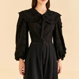 New Fashion Women Custom Bow Tie Ruffle Blouse Long Puff Sleeve Hollow Design Solid Black Soft Cotton Top Shirt