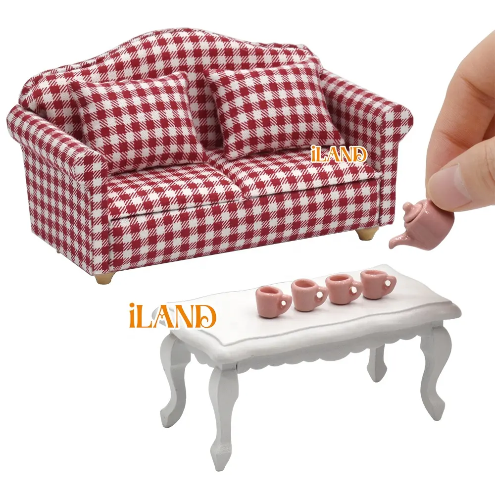 ILAND Dollhouse mobilya 1/12 ölçekli Dollhouse oturma odası dahil kanepe w/yastık ve masa ve kilim