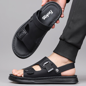 Sandales d'été pour hommes, chaussures de plage plates, antidérapantes, respirantes, en cuir, à enfiler, décontractées, kaki, noir - Product Image 4