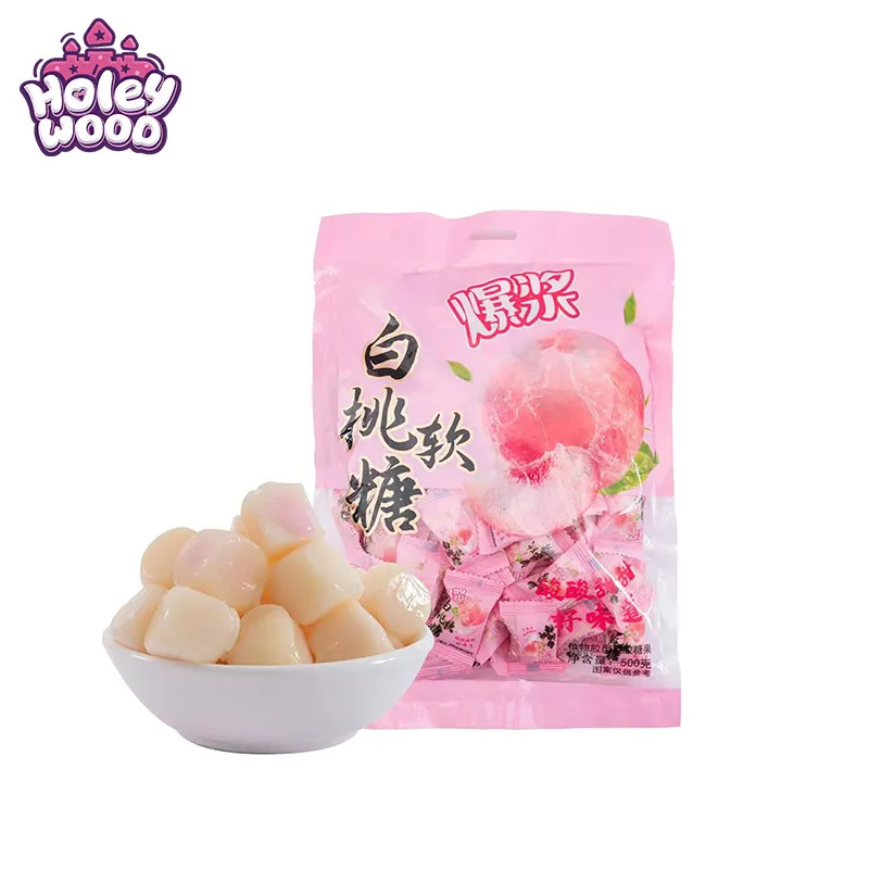 Holeywoodg 500g/bag 5g Liquid Center Filled White Peach Flavor Fruity Soft Candy in Piece Shape Packaged in Bag