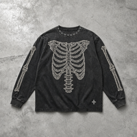 T-shirt personnalisé pour homme à manches longues, couleur anthracite délavé à l'acide, imprimé squelette thoracique, motif croix, col et manches à motif osseux, ODM