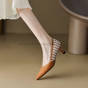 High <b>Heels</b> New Spring and Autumn Pointed Single Thousand Bird Lattice Temperament Fine <b>Heel</b> Women's Shoes - Product Image 4