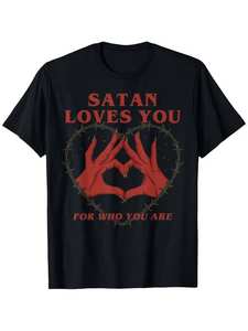 T-Shirt 'Satan Loves You' da Uomo, Stile Gotico Vintage, Girocollo, Manica Corta, Design con Cuore Rosso e Corona di Spine, in Jersey di Cotone, Vestibilità Regolare - Product Image 1