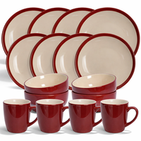 Service de table GuangDa de luxe moderne bicolore rouge foncé et beige, en grès céramique brillant, 16 pièces (assiettes, bols, tasses), compatible four, pour la maison