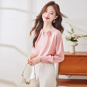 Women's Long Sleeve Shirt Solid Color <b>Satin</b> Round Neck Elegant <b>Blouse</b> For Everyday Wear - Product Image 3