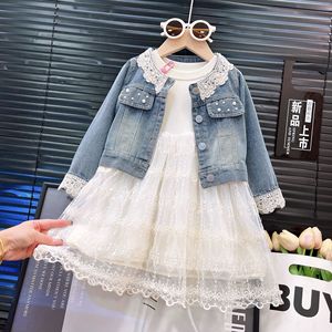 Completo Autunno 2026 per Bambine: Vestito Principessa in Pizzo con Giacca in Denim, Set 2 Pezzi, Costume Elegante per Feste - Product Image 1