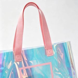 Custom Logo Holographic Laser Pvc Transparent Tote <b>Gift</b> Bag Iridescent Rainbow Shopping Handbag With <b>Stitched</b> Handle - Product Image 3