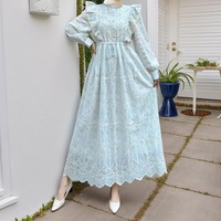 Robe longue style français vintage en dentelle brodée à imprimé floral, col montant, ourlet à volants, coupe trapèze, vêtements islamiques, vente en gros, sur mesure
